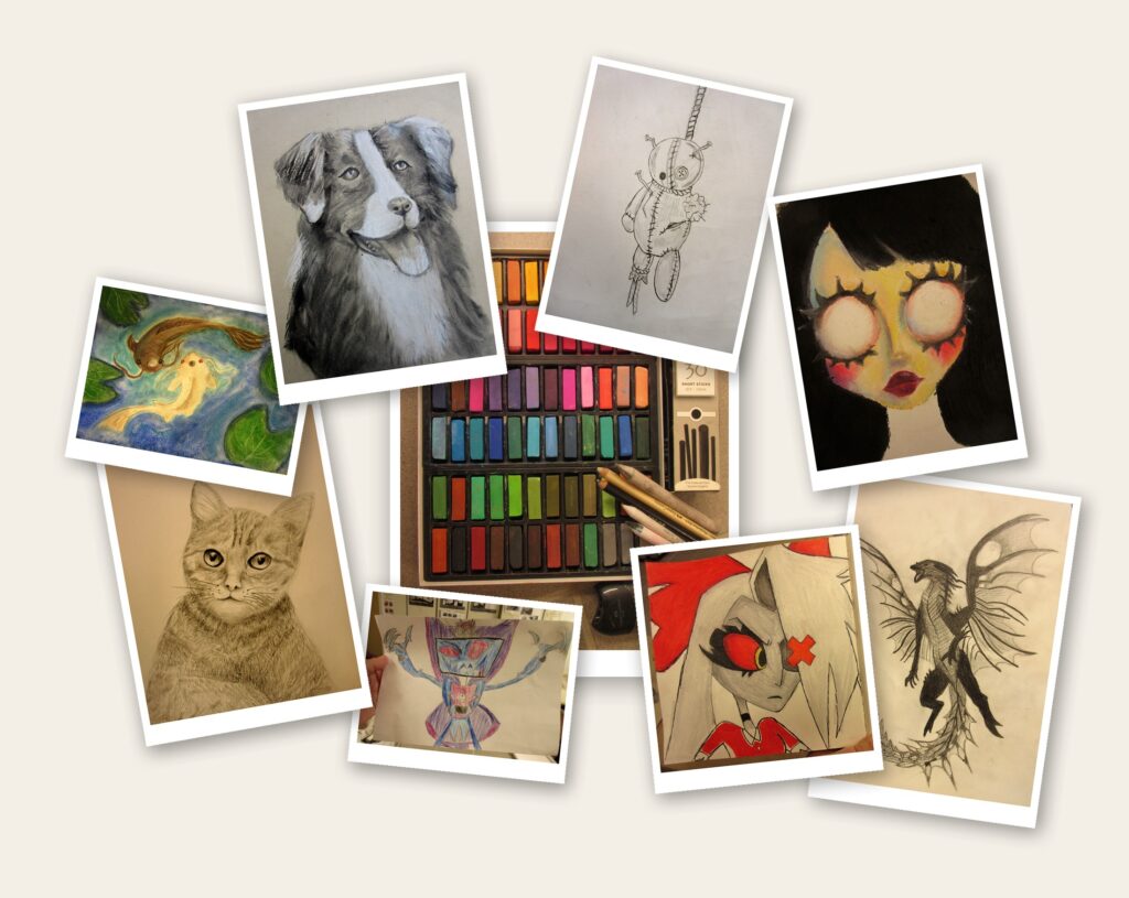 Collage aus Kunstwerken der Kunst-AG des Georg-Cantor-Gymnasiums: in der Mitte das vom Förderverein finanzierte Zeichenmaterial (Pastellkreiden, Zeichenkohle, Stifte), darum angeordnet Schülerzeichnungen mit unterschiedlichen Motiven – u. a. zwei Koi-Fische, ein Hundeporträt, eine Katze, ein Drache, ein fantasievolles Wesen sowie zwei weitere gezeichnete Figuren.