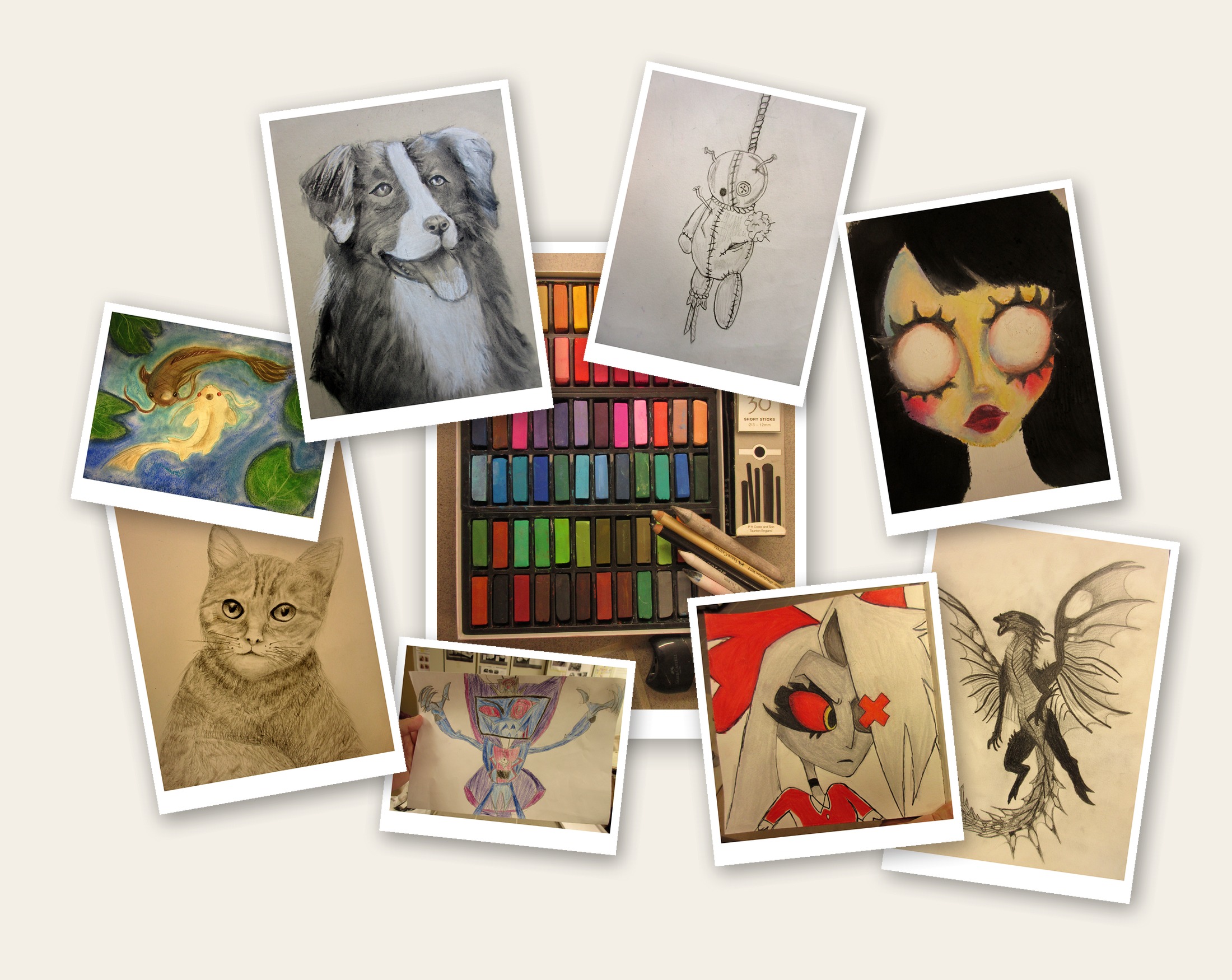 Collage aus Kunstwerken der Kunst-AG des Georg-Cantor-Gymnasiums: in der Mitte das vom Förderverein finanzierte Zeichenmaterial (Pastellkreiden, Zeichenkohle, Stifte), darum angeordnet Schülerzeichnungen mit unterschiedlichen Motiven – u. a. zwei Koi-Fische, ein Hundeporträt, eine Katze, ein Drache, ein fantasievolles Wesen sowie zwei weitere gezeichnete Figuren.